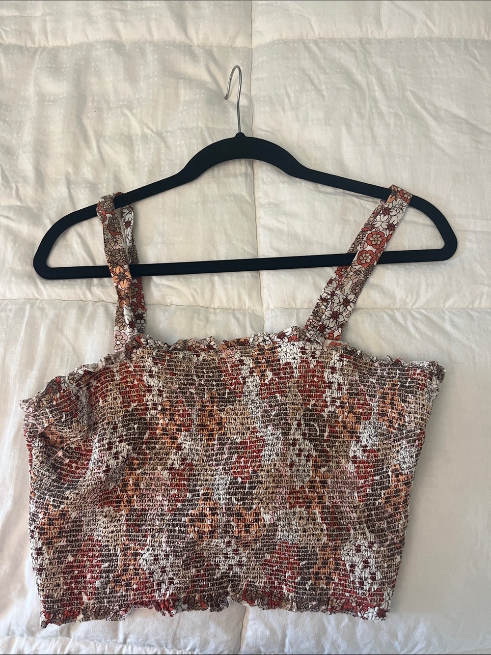 Smocked Floral Crop Tank Top - Brown Multi